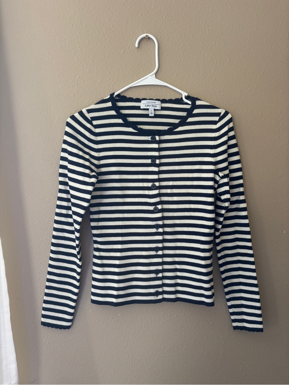 & Other Stories Navy and White Striped Ribbed Button Cardigan